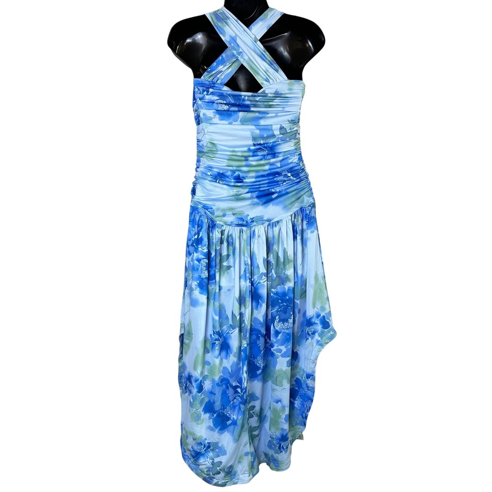 Free People Raylon Midi Dress Blue Floral Ruched Convertible Halter OB2143909 S - Picture 9 of 14